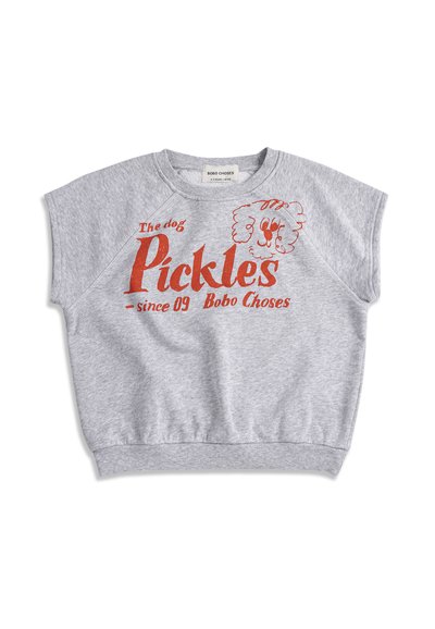 Sweat-shirt gris à manches courtes avec texte rouge « The dog Pickles since 09 Bobo Choses » et une illustration simple de visage de chien rouge.
