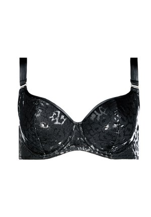 Czarny koronkowy biustonosz z formowanymi miseczkami, błyszczącą teksturą i subtelnym wzorem zwierzęcym. Posiada regulowane ramiączka oraz boczne szwy dla lepszego wsparcia.