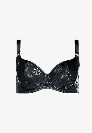 Czarny koronkowy biustonosz z formowanymi miseczkami, błyszczącą teksturą i subtelnym wzorem zwierzęcym. Posiada regulowane ramiączka oraz boczne szwy dla lepszego wsparcia.