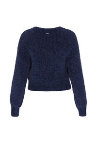 Granatowy, krótki sweter o fakturowanym, puszystym dzianinie. Posiada długie rękawy i okrągły dekolt, co nadaje mu przytulny wygląd.