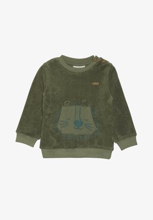 Blød grøn sweatshirt til småbørn med et løveansigt som påsyet patch foran, ribkant ved ærmer og kant samt to træknapper på skulderen.