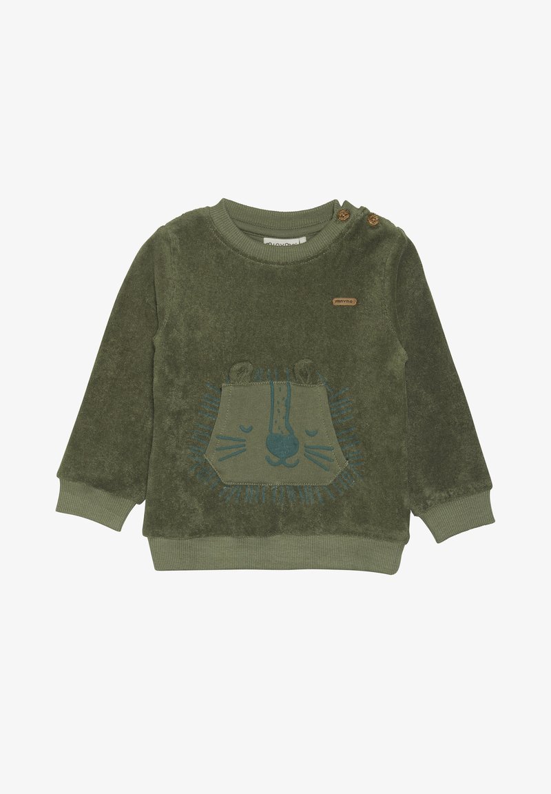 Sweatshirt vert doux pour tout-petit avec un patch visage de lion sur le devant, poignets et ourlet côtelés, et deux boutons en bois sur l'épaule.