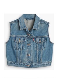 Gilet en denim bleu clair avec un col classique, des boutons en métal, deux poches avant et une texture légèrement usée.