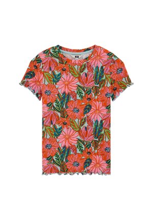 Camiseta de manga corta en tejido acanalado con un vibrante estampado floral con flores rosas y naranjas y hojas verdes. Detalle de dobladillo con borde festoneado.