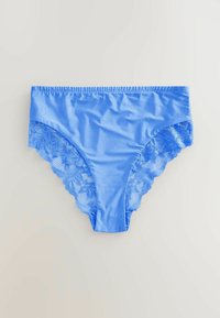 Chiloți cu dantelă albastră, cu o finisare satinat strălucitoare. Oferă o talie moale și accente delicate din dantelă florală pe laterale.