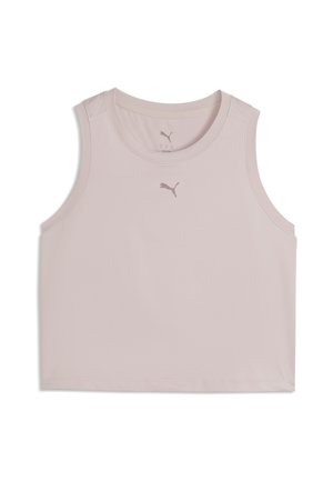 Top court beige clair sans manches avec un col rond et un petit logo Puma imprimé au centre devant.