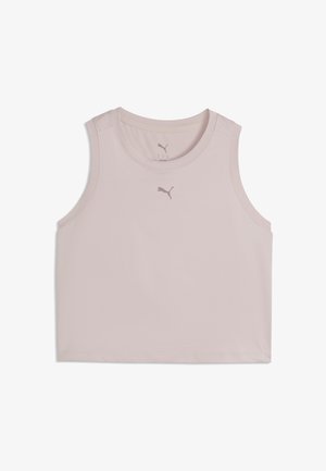 Jasnobeżowy bezrękawnik z okrągłym dekoltem i małym logo Puma nadrukowanym na środku przodu.