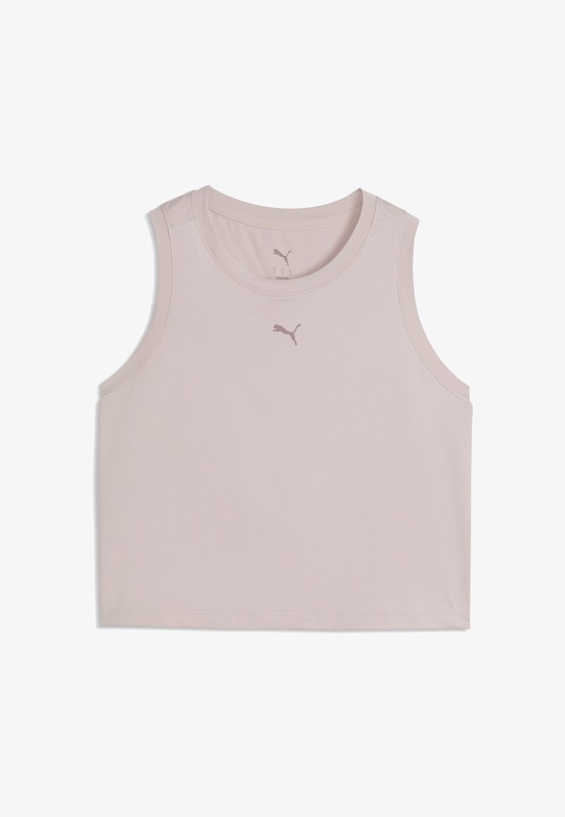 Ανοιχτό μπεζ αμάνικο crop top με στρογγυλή λαιμόκοψη και μικρό λογότυπο Puma τυπωμένο στο κέντρο μπροστά.