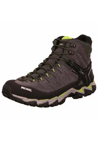 Mid-cut hiking boot in grey with green accents. Features a textured upper, reinforced toe, and a patterned sole for traction.