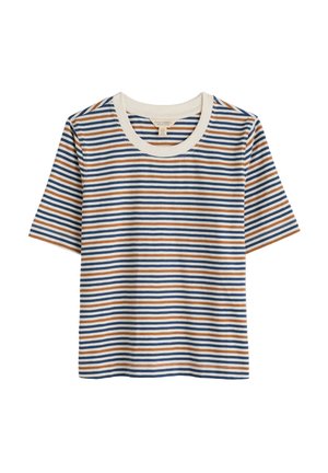 Gestreepte t-shirt met korte mouwen, met afwisselend horizontale strepen in blauw, oranje en crèmekleur. Zachte stof en ronde halsuitvoering.