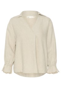 Blusa in lino beige chiaro con scollatura a V, maniche lunghe e polsini arricciati. Texture liscia, vestibilità comoda e design semplice.
