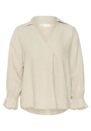 Svetlobeige ľanová blúzka s výstrihom do V, dlhými rukávmi a zberanými manžetami. Hladká textúra s voľným strihom a jednoduchým dizajnom.