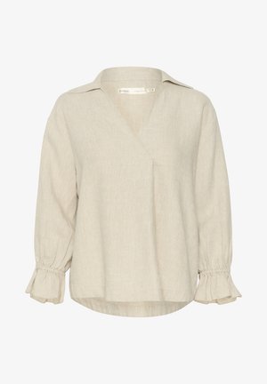 Svetlobeige ľanová blúzka s výstrihom do V, dlhými rukávmi a zberanými manžetami. Hladká textúra s voľným strihom a jednoduchým dizajnom.