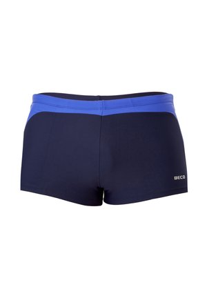 Marineblaue Schwimmshorts mit einem blauen Bund, ausgestattet mit einer glatten Textur, einem sportlichen Schnitt und einem silbernen Logo auf der unteren linken Seite.