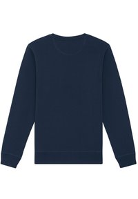 Sweatshirt bleu marine, manches longues, col rond, avec des poignets et un ourlet côtelés, fabriqué en tissu doux avec un design uni, sans logos ni motifs visibles.