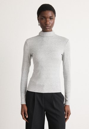 Grå langermet turtleneck skjorte laget av mykt, elastisk materiale, med en tettsittende design og minimale sømmer for en jevn silhuett.