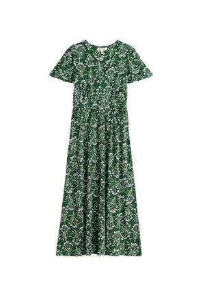 Robe longue verte à manches courtes avec motif floral blanc et rose pâle et un col en V.