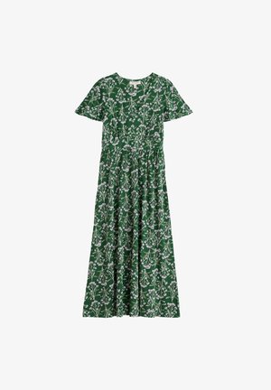 Robe longue verte à manches courtes avec motif floral blanc et rose pâle et un col en V.