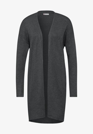 Long, open-front cardigan in dark grey knit fabric. Features wide sleeves and a straight hem with side slits for ease of movement.