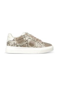 Sneakers con una toma in stampa serpente beige e marrone chiaro texturizzata, suola in gomma bianca e lacci abbinati. Design minimalista con accenti sottili.