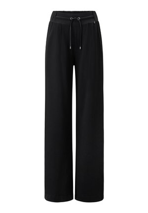 Black wide-leg pants made from soft fabric. Features an elastic waistband with drawstring, side pockets, and pleated detailing.