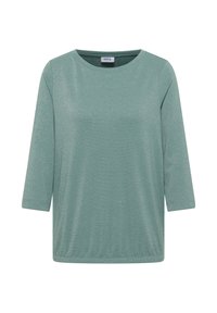 Sprankelende lichtgroene dames langslavende top met ronde hals en een ontspannen pasvorm, voorzien van een subtiele metallic glans.