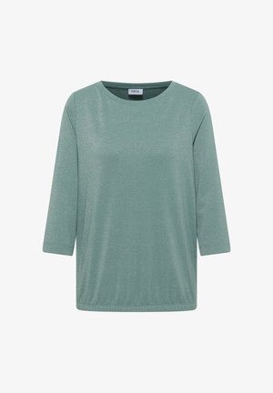 Sparkling light teal women's long-sleeve top with crew neck and relaxed fit, featuring a subtle metallic shimmer.