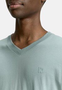 Ljusgrön t-shirt med v-hals av mjukt tyg, med en subtil logodetalj på bröstet och kontrasterande sömmar längs halsringningen.