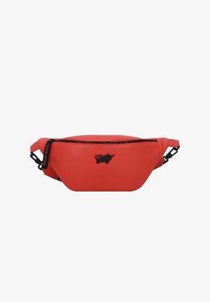 Rote Gürteltasche mit glatter Textur, schwarzem Reißverschluss und kleinem Stier-Logo, verstellbarem Gurt und minimalistischer Gestaltung.