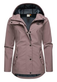 Veste imperméable rose clair avec capuche, dotée d'une fermeture éclair à l'avant, de boutons-pression, de deux poches latérales et d'une texture lisse et mate.