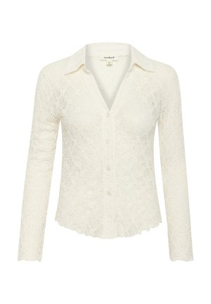 Bluză din dantelă, cu nasturi, de culoare alb-ivory, având guler, mâneci lungi, model texturat și margine zimțată.