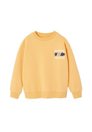Gelbes Sweatshirt mit Rundhalsausschnitt, mit dem Schriftzug "Always Freestyle" und einer Skateboard-Grafik auf der linken Brust, mit gerippten Bündchen und Saum.