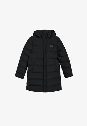 Black puffer coat with a hood, featuring a quilted design, two side pockets, and a patch label on the chest.