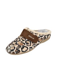Zueco suave con estampado de leopardo en piel sintética, suela beige y correa ajustable marrón bordada con el nombre de la marca.