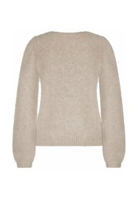 Beige, lange mouw fuzzy gebreide trui met geribbelde manchetten en zoom, weergegeven van achteren op een witte achtergrond.