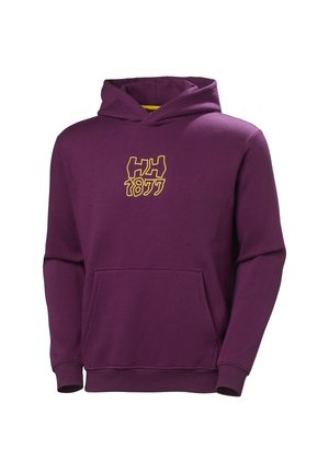 Fioletowa bluza z kapturem z miękkiego materiału, z kieszenią z przodu, prążkowanymi mankietami i żółtym logo "HH 1877" na klatce piersiowej.