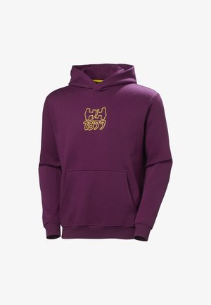 Fialová mikina z měkké látky s přední kapsou, žebrovanými manžetami a žlutým logem "HH 1877" na hrudi.