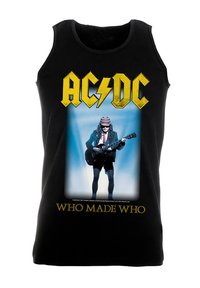 Canotta nera senza maniche con una stampa grafica di un chitarrista con un cappello a righe, e il testo "AC/DC" e "CHI HA FATTO CHI" in giallo.