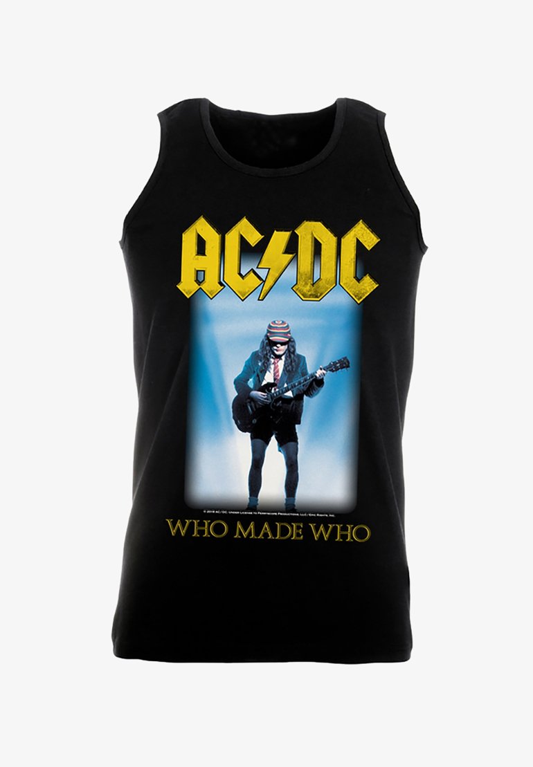 Svart ermeløs tank top med grafisk trykk av en gitarist i en stripete hatt, med teksten "AC/DC" og "WHO MADE WHO" i gult.