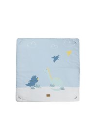 Gepolsterte Kinder-Spielmatte mit einer hellblauen Oberfläche, die Illustrationen eines blauen Dinosauriers und eines grünen Dinosauriers auf einem weißen Hintergrund zeigt.