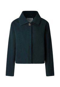 Ciemnogranatowa, krótka kurtka z wyraźnym kołnierzem, zapięciem na guziki i długimi rękawami. Gładki materiał o prostym, minimalistycznym wzornictwie.