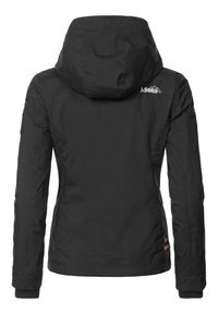 Zwarte buitenjas met capuchon, met een gladde afwerking, elastische manchetten en een logo op de bovenrug. Inclusief twee zijzakken.