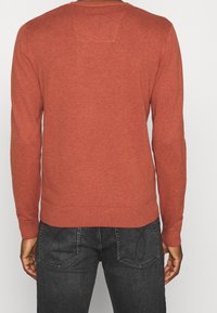 Person som bär en rostfärgad långärmad tröja och mörkgrå jeans, sedd bakifrån mot en enkel ljus bakgrund.