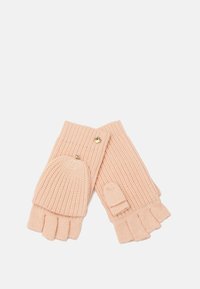 Guantes de punto en color durazno, convertibles y sin dedos, con solapas aseguradas con botones para cubrir los dedos, mostrados planos sobre un fondo blanco.