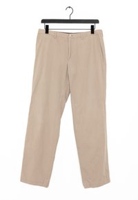 Beige chinos med rak ben, tillverkade av bomull, med en standardmidja och knappstängning samt två sidofickor.