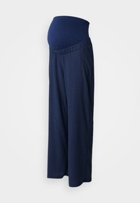 Marineblauwe zwangerschapsbroek met een aansluitende elastische tailleband, brede pijpen en een textuurstof, ontworpen voor comfort tijdens de zwangerschap.