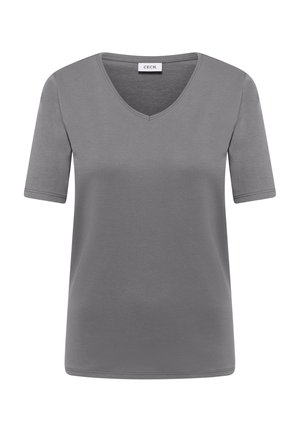 Grijze dames T-shirt met korte mouwen en V-hals, met een klein merkembleem bij de halslijn.