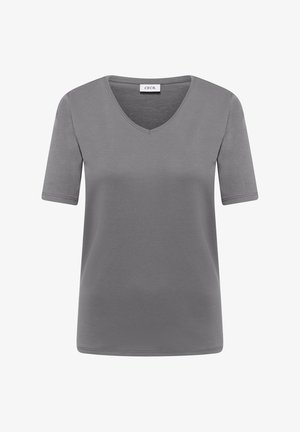 Grijze dames T-shirt met korte mouwen en V-hals, met een klein merkembleem bij de halslijn.