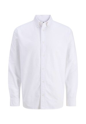 Valge pikkade varrukatega nööbitav särk, millel on klassikaline krae ja nööbitavad mansetid, esitletud tavalise tausta ees.