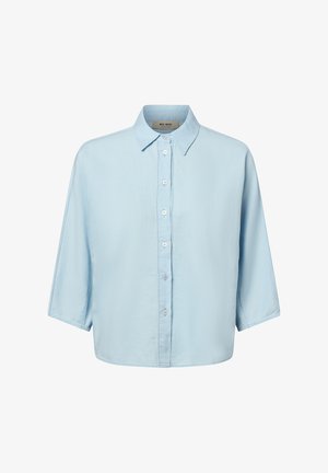 Lichtblauwe overhemd met korte mouwen, gemaakt van een gladde stof, met een kraag en een rechte snit met een subtiele glans.